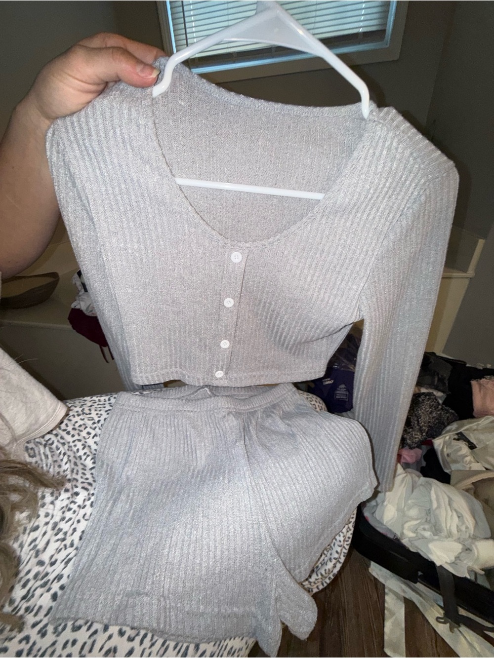 Ribbed Knit Button-Front Cropped Top & Short Pajama Set -Gray